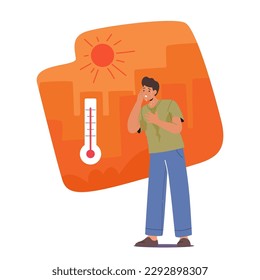 Exhausted Tired Male Character Perspires, Fatigues, Dehydrates, Feels Dizzy, Weak, And Uncomfortable Due To Extreme Heat Outdoors at Hot Summer Weather, Man Suffer. Cartoon People Vector Illustration