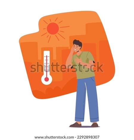 Exhausted Tired Male Character Perspires, Fatigues, Dehydrates, Feels Dizzy, Weak, And Uncomfortable Due To Extreme Heat Outdoors at Hot Summer Weather, Man Suffer. Cartoon People Vector Illustration