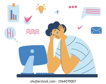 Exhausted tired male manager in office sad sitting with head down. Burnout concept illustration with exhausted man office worker sitting at the table. Stressful work, Stress at workplace. Vector