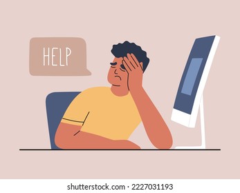 Exhausted tired man at computer overworked and request help. Stress and burnout at work. Hand drawn vector illustration isolated on color background, modern flat cartoon style.