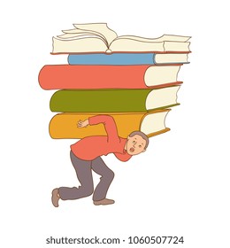 exhausted tired man student or worker running carrying books pile at back. Overwork or studying exams concept. Education, work and stress concept. Isolated illustration
