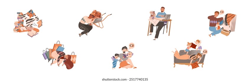 Exhausted Tired People Character with Burnout Syndrome Vector Set