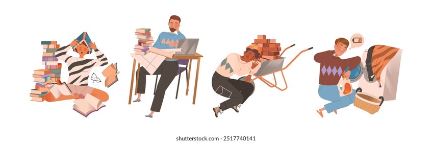 Exhausted Tired People Character with Burnout Syndrome Vector Set