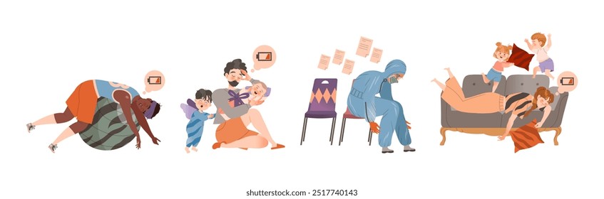 Exhausted Tired People Character with Burnout Syndrome Vector Set