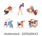 Exhausted tired people set. Professional burnout syndrome. Stressed persons, overworked employees vector illustration