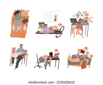 Exhausted tired people set. Professional burnout syndrome. Stressed persons, overworked employees, tired parents vector illustration