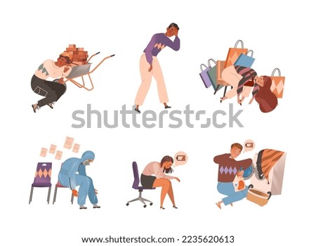 Exhausted tired people set. Professional burnout syndrome. Stressed persons, overworked employees vector illustration