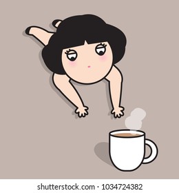 Exhausted Tired Struggle Girl Crawling To A Cup Of Hot Coffee Concept Card Character illustration