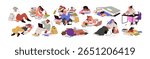 Exhausted tired students set. Bored fatigue lazy male and female among academic books, studying in stress, preparing for exam, sleeping in chaos. Flat vector illustrations isolated on white background
