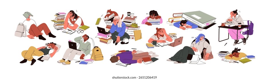 Exhausted tired students set. Bored fatigue lazy male and female among academic books, studying in stress, preparing for exam, sleeping in chaos. Flat vector illustrations isolated on white background