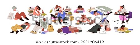Exhausted tired students set. Bored fatigue lazy male and female among academic books, studying in stress, preparing for exam, sleeping in chaos. Flat vector illustrations isolated on white background