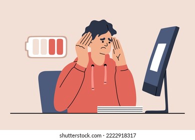 Exhausted tired worker at a computer with low energy needs rest. Man has frustration and stress. Burnout and overworked. Hand drawn vector illustration isolated on color background, flat cartoon style