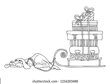 Exhausted towing dog with sled. Suitcases loaded on sleighs. Hand drawn picture. Vector illustration for coloring page. - Vektor.