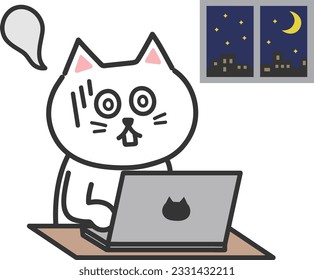 Exhausted white cartoon cat using a computer for a long time, vector illustration.