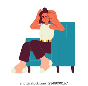 Exhausted woman in armchair semi flat color vector character. Hispanic girl holding head in stress. Editable full body person on white. Simple cartoon spot illustration for web graphic design