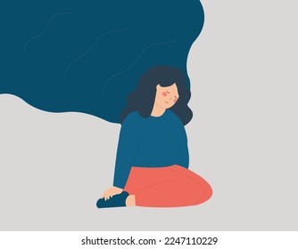 Exhausted woman can not get rid of depression, stress, burnout or negative thoughts. Tired girl does not struggle with life difficulties or problems hanging over her. Mental health disorder concept