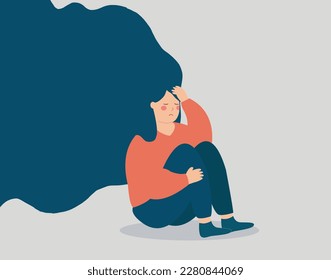 Exhausted woman can not get rid of depression, stress, burnout or negative thoughts. Lonely girl sitting and hugging her knees. Mental health illness and psychological problems concept. Vector stock