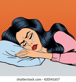 Exhausted Woman Crying in a Pillow. Pop Art. Comic Style. Vector illustration