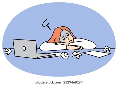 Exhausted woman employee lying on desk feeling overwhelmed with work. Unhappy tired businesswoman sleep on workplace suffer from overwork. Vector illustration.