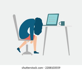 Exhausted woman feeling tired and sick at the office. Female manager sitting with head down on laptop due to stress, burnout and pressure. Professional burnout syndrome concept. Vector illustration.