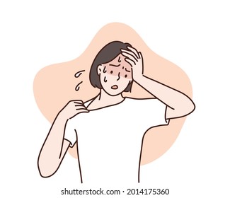 Exhausted woman holding her head with closed eyes being hot. Hand drawn style vector design illustrations.