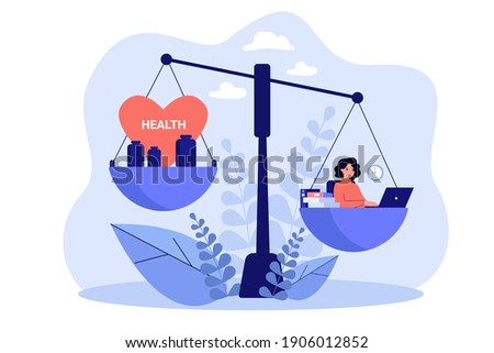 Exhausted woman losing healthy life while overworking. Imbalance of work, stress and health on scale. Vector illustration for healthcare, conflict, workaholic of interest concept
