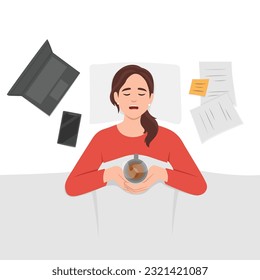 Exhausted woman lying in bed with coffee stressed with work. Tired female employee overwhelmed with job rest in bed. Flat vector illustration isolated on white background