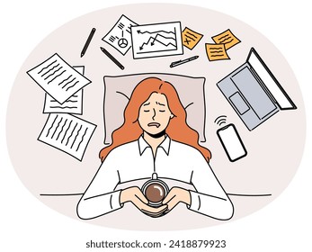 Exhausted woman lying in bed with coffee stressed with work. Tired female employee overwhelmed with job rest in bed. Fatigue and exhaustion. Vector illustration.