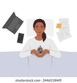 Exhausted woman lying in bed with coffee stressed with work. Tired employee overwhelmed with job rest in bed. Flat vector illustration isolated on white background