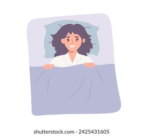 Exhausted woman lying on bed but can't sleep isolated on white background. concept of sleepless, insomnia, mental health issue, depression, stressed, anxiety. Flat vector illustration character.