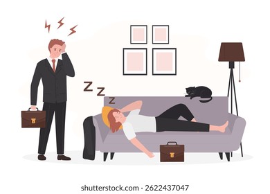 Exhausted woman lying on sofa after work. Burnout, overload. Fatigue and depression. Unhappy tired businessman come home. Male and female characters without energy. Room interior. vector illustration