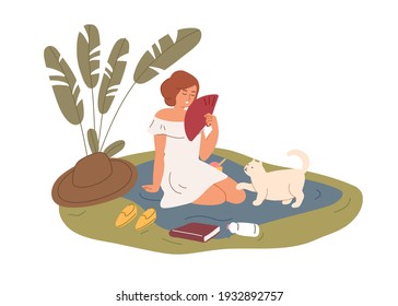 Exhausted woman resting in nature and fanning herself in hot summer. Person with cat relaxing outdoors, escaping heat. Colored flat cartoon vector illustration isolated on white background