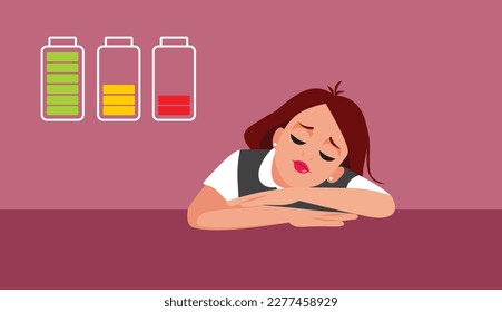 
Exhausted Woman Sitting at her Desk with No Energy Vector Illustration. Somnolent worker taking a power nap after feeling tired and overworked 
