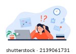 Exhausted woman sitting at her workplace with a computer. Freelancer is stressed through a lot of work. Emotional burnout concept. Long working day in the office. Vector colorful flat illustration.