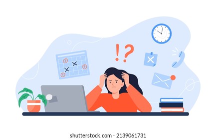 Mujer exhausta sentada en su lugar de trabajo con una computadora. El autónomo se estresa a través de mucho trabajo. Concepto de agotamiento emocional. Larga jornada laboral en la oficina. Ilustración plana de color vector.