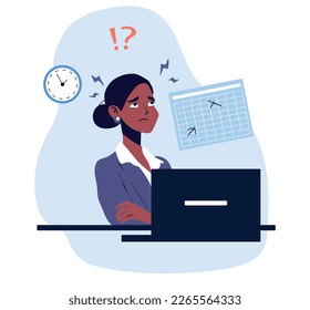 Mujer exhausta sentada en su lugar de trabajo con una computadora. El autónomo se estresa a través de mucho trabajo. Concepto de agotamiento emocional. Larga jornada laboral en la oficina. Ilustración plana de color vector.