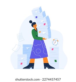 An exhausted woman with stacks of office papers and documents. Overwork and stress at work. Vector flat illustration isolated on the white background. 