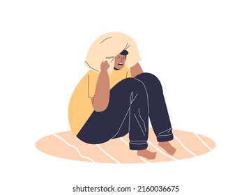 Exhausted woman suffer from depression, anxiety and mental disorder from insomnia. Depressed stressed female cover head with pillow tired from sleeplessness. Cartoon flat vector illustration