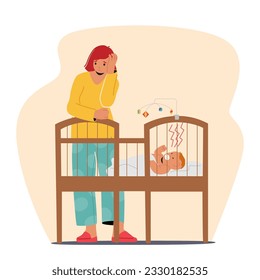 Exhausted Woman Suffering From Postpartum Depression, Experiencing Emotional And Physical Fatigue After Childbirth, Requiring Support During This Challenging Time. Cartoon People Vector Illustration