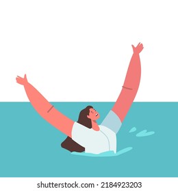 Exhausted Woman Trying To Survive In Ocean After Shipwreck Sinking And Waving Hands Asking For Help. Female Character Floating In Sea Water After Accident. Cartoon People Vector Illustration