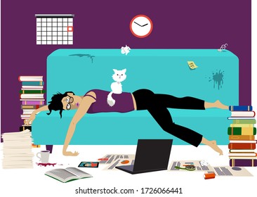 Exhausted woman working from home lying on a couch with business tools, electronic devices and books, EPS8 vector illustration