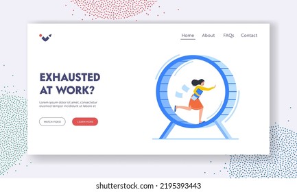 Exhausted at Work Landing Page Template. Rat Race Business Concept with Stressed Workaholic Businesswoman Running in Hamster Wheel Trying to be on Time with Work. Cartoon Vector Illustration