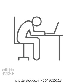 Exhausted Worker at Desk Icon Vector, Outline Symbol of Burnout, Remote Work Fatigue, and Mental Overload, Slumped Person with Laptop, Editable Stroke Digital Stress Icon