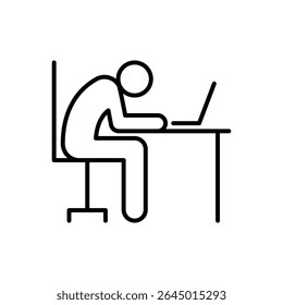Exhausted Worker at Desk Icon Vector, Outline Symbol of Burnout, Remote Work Fatigue, and Mental Overload, Slumped Person with Laptop, Digital Stress Icon