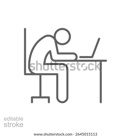 Exhausted Worker at Desk Icon Vector, Outline Symbol of Burnout, Remote Work Fatigue, and Mental Overload, Slumped Person with Laptop, Editable Stroke Digital Stress Icon