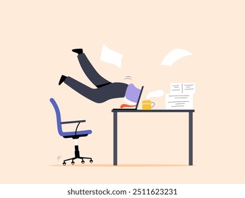 Exhausted worker diving into a laptop at the office. Work stress overload.