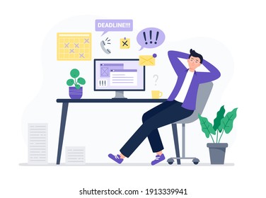 Exhausted worker sleep behind his desk. Procrastination, working at home, telework, freelance. Vector flat illustration.