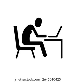 Trabalhador exausto cambaleou sobre o ícone do laptop estilo de glifo Silhueta Símbolo de fadiga do funcionário remoto Stress e Burnout Conceito Sentado na mesa com cabeça para baixo em postura cansada
