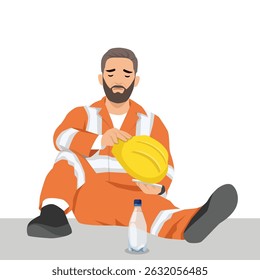 Exhausted Worker Taking a Break, tired construction worker in safety uniform sits on the ground. Flat vector illustration isolated on white background