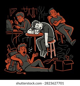 Exhausted workers struggle with daily tasks in a busy workshop